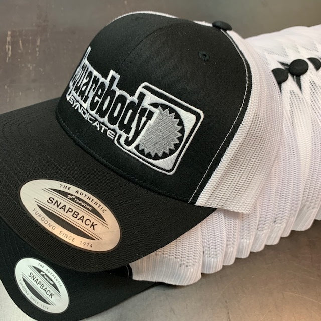 CURVED BLACK AND WHITE WITH SILVER STAR SNAPBACK RETRO TRUCKER MESH WITH SBS LOGO #4 HAT