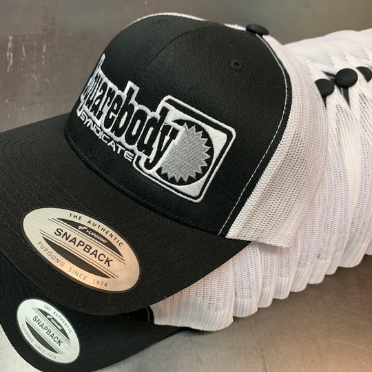 CURVED BLACK AND WHITE WITH SILVER STAR SNAPBACK RETRO TRUCKER MESH WITH SBS LOGO #4 HAT