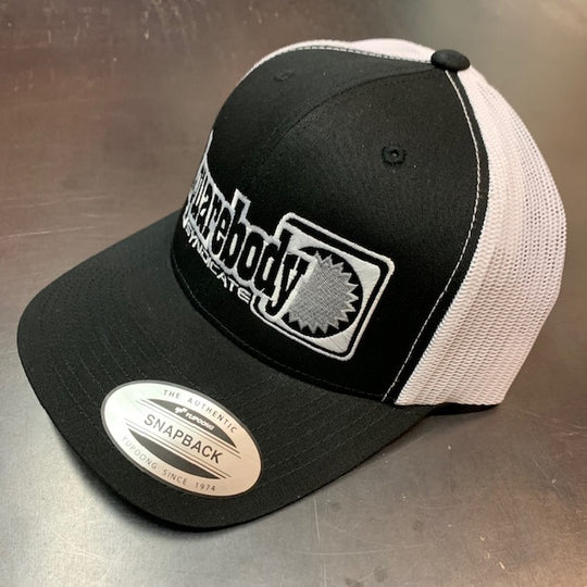 CURVED BLACK AND WHITE WITH SILVER STAR SNAPBACK RETRO TRUCKER MESH WITH SBS LOGO #4 HAT