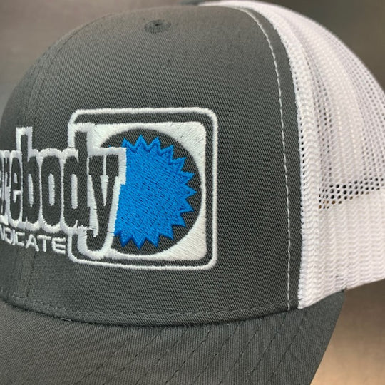 CURVED GRAY AND WHITE WITH BLUE STAR SNAPBACK RETRO TRUCKER MESH SBS LOGO #4 HAT